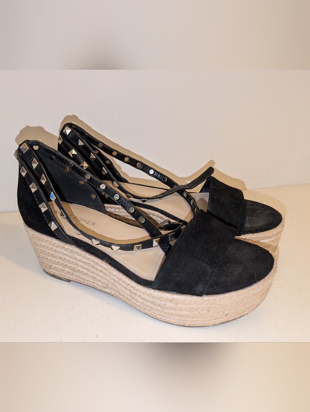 Mark Fisher Black Studded Espadrille Wedge Sandals